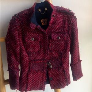 Tory Burch Burgundy Tweed Blazer 3/4 sleeves
